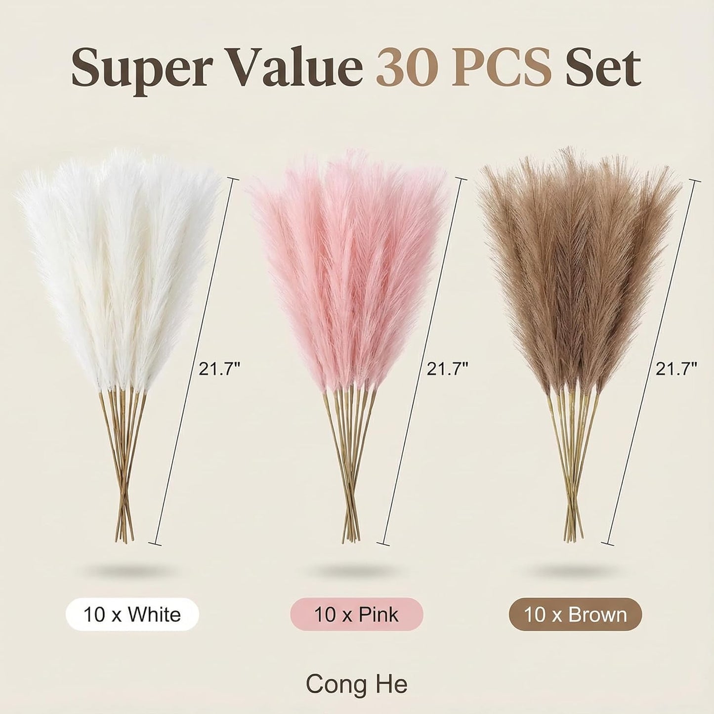 Pampas Grass Decor 21.7 Inch 30pcs, Faux Pampas Grass White Beige Brown Ultra Fluffy No Shedding for Boho Home Bedroom Wedding Vase Filler Dried Flower Arrangement