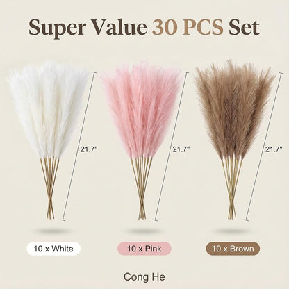 Pampas Grass Decor 21.7 Inch 30pcs, Faux Pampas Grass White Beige Brown Ultra Fluffy No Shedding for Boho Home Bedroom Wedding Vase Filler Dried Flower Arrangement