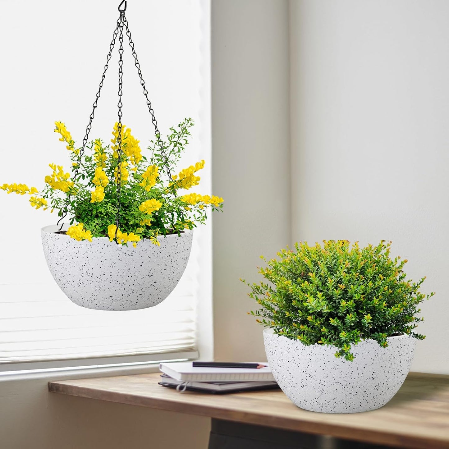 Meowell 10 inch Hanging Planters for Indoor Outdoor Plants, 2 Pack Hanging Flower Pots with Drainage Holes and Chain for Garden Porch, Plastic Hanging Baskets for House Plants, Speckled Grey