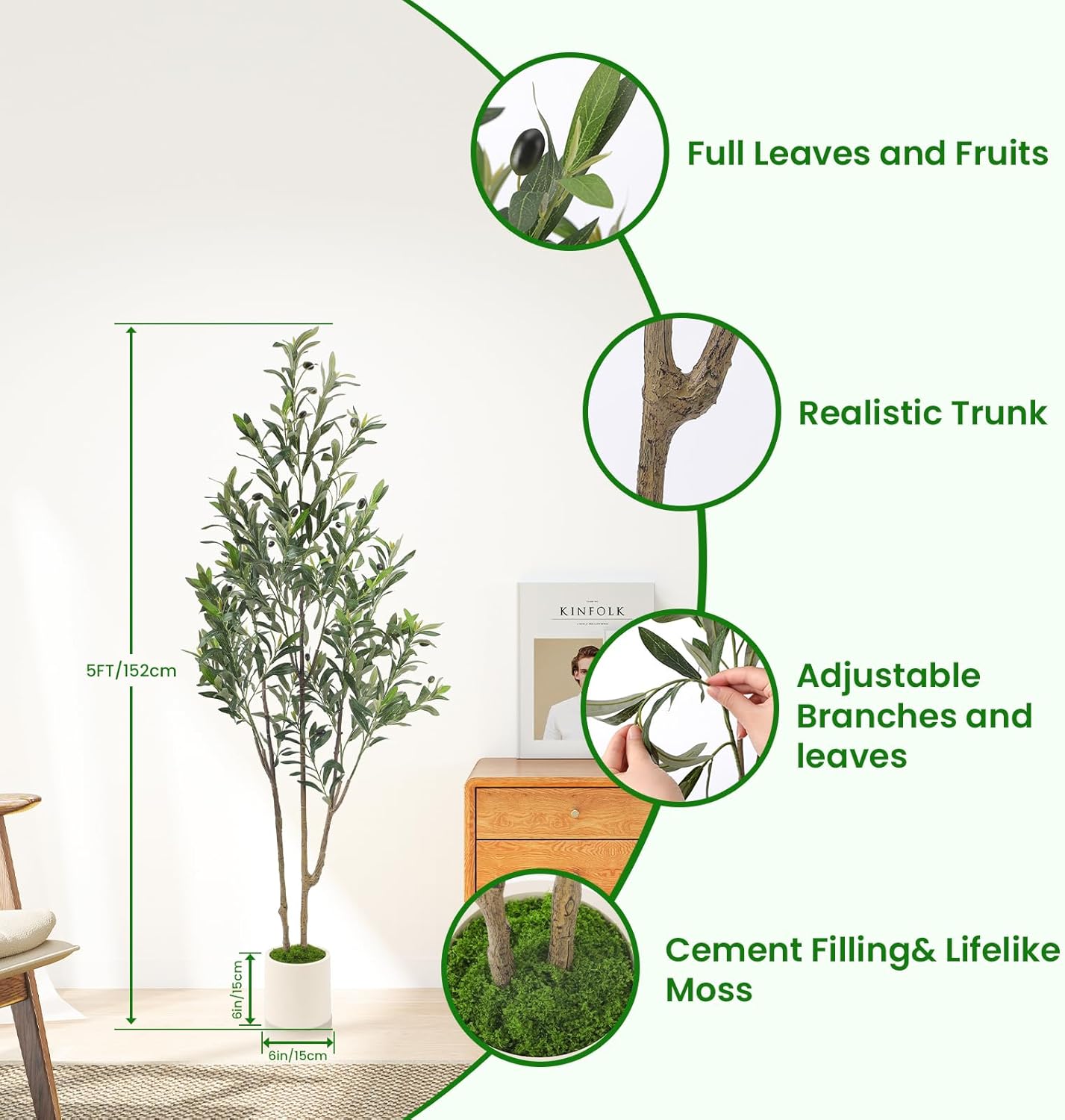 Alupssuc 5ft Olive Trees Artificial Indoor & Outdoor, Faux Olive Tree with Lively Artificial Trunk and Lifelike Fruits, Fake Potted Tree for Modern Home Office Living Room Decor