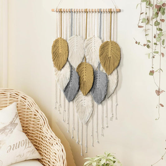 LOMOHOO Macrame Wall Hanging Boho Beige Leaves Tapestry Bohemian Handmade Woven Wall Art Decoration for Bedroom Living Room Apartment Dorm Gallery Perfect Handmade Gift Ideas