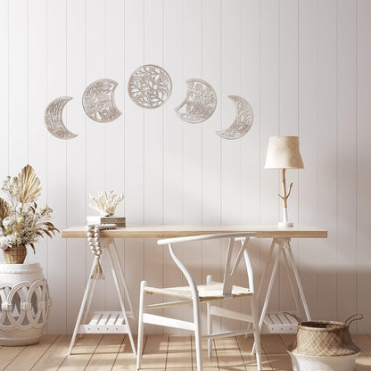 Jetec 5 Pcs Moon Phase Wall Art Decor Wall Pediments Hanging Wooden Phase Spiritual Bedroom Nordic Boho Lunar Aesthetic Art for Living Room Dorm Apartment Ornament(Brown,10.6 Inch,Botanical)