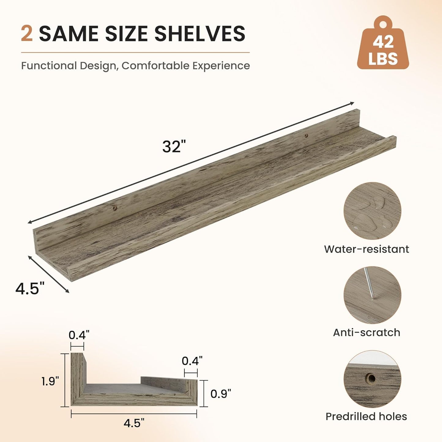 Dreamland Picture Ledge Shelf for Wall, Floating Shelves Set of 2, 48 Inch Long Floating Shelves with Lip for Living Room, Bedroom, Bathroom, Kitchen, White