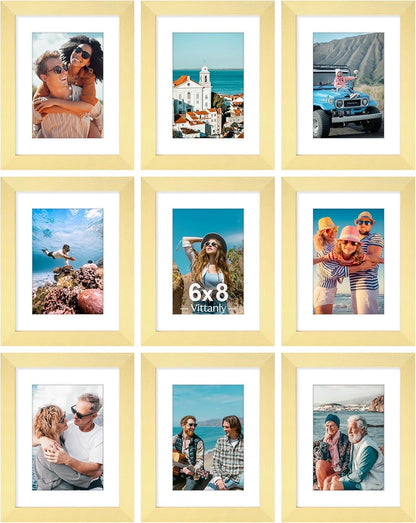 Vittanly 8x10 Picture Frames Set of 9, Shatter Resistant Plexiglass, Display 5x7 Pictures with Mat or 8x10 without Mat, Photo Frames for Wall or Tabletop, Engineered Wood, Black - Colors A