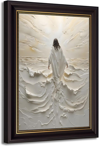 Abstract Jesus Walking on Water Canvas Wall Art Christian Spiritual Wall Decor Pictures Divine Light Modern Religious Posters Prints for Living Room Bedroom Church Decoration 12x16in