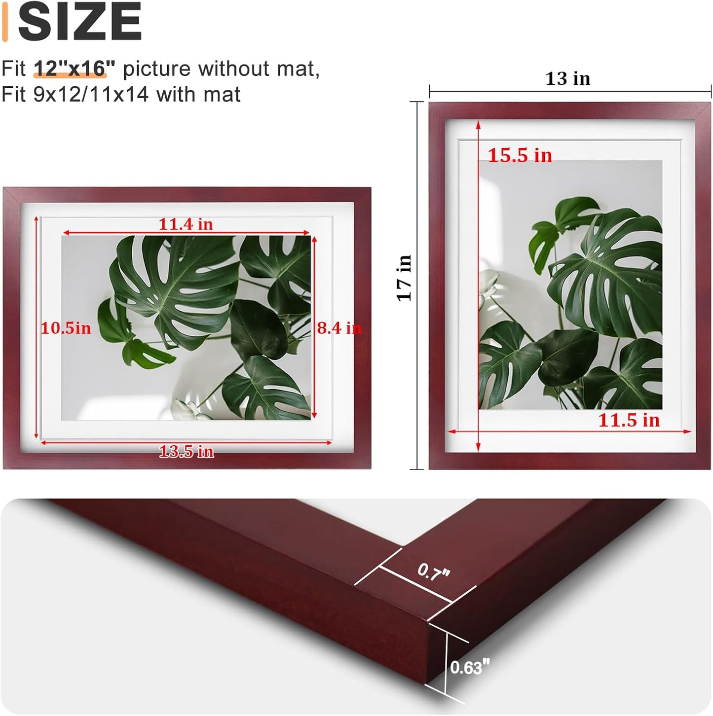 Egofine 12x16 Picture Frame Black, Covered by Plexiglass Made of Solid Wood, Display Pictures 9x12 and 11x14 with Mat or 12x16 Without Mat, for Wall Mounting Photo Frame - Colors A