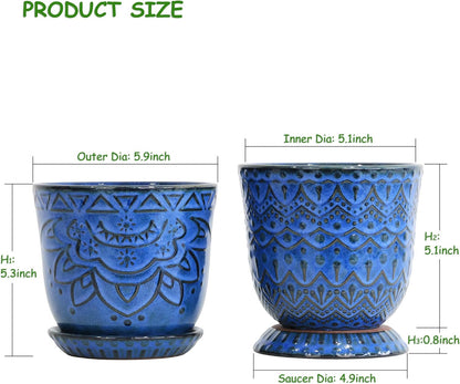 Gepege 6 Inch Beaded Ceramic Planter Set of 2 with Drainage Hole and Saucer for Plants, Indoor-Outdoor Large Round Succulent Orchid Flower Pot (Smoked Gray, Inner-pots not Larger Than 5 Inch)