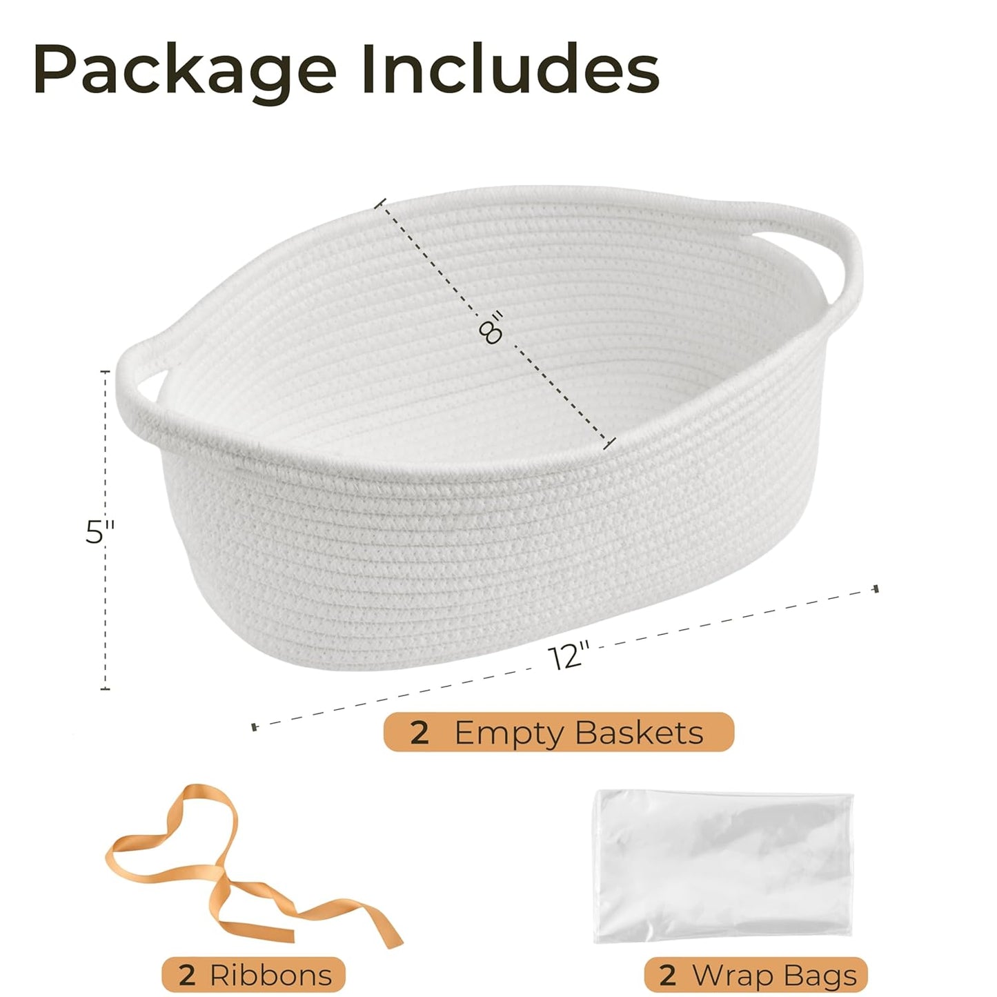 Small Woven Gift Basket Empty with Bag & Ribbon - Gifts for Mom, Baby Shower, Birthdays & Raffle - Cotton Rope Storage Basket for Dog Toys or Shelf - 12"x8"x5", White