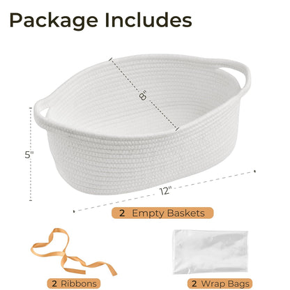 Small Woven Gift Basket Empty with Bag & Ribbon - Gifts for Mom, Baby Shower, Birthdays & Raffle - Cotton Rope Storage Basket for Dog Toys or Shelf - 12"x8"x5", White