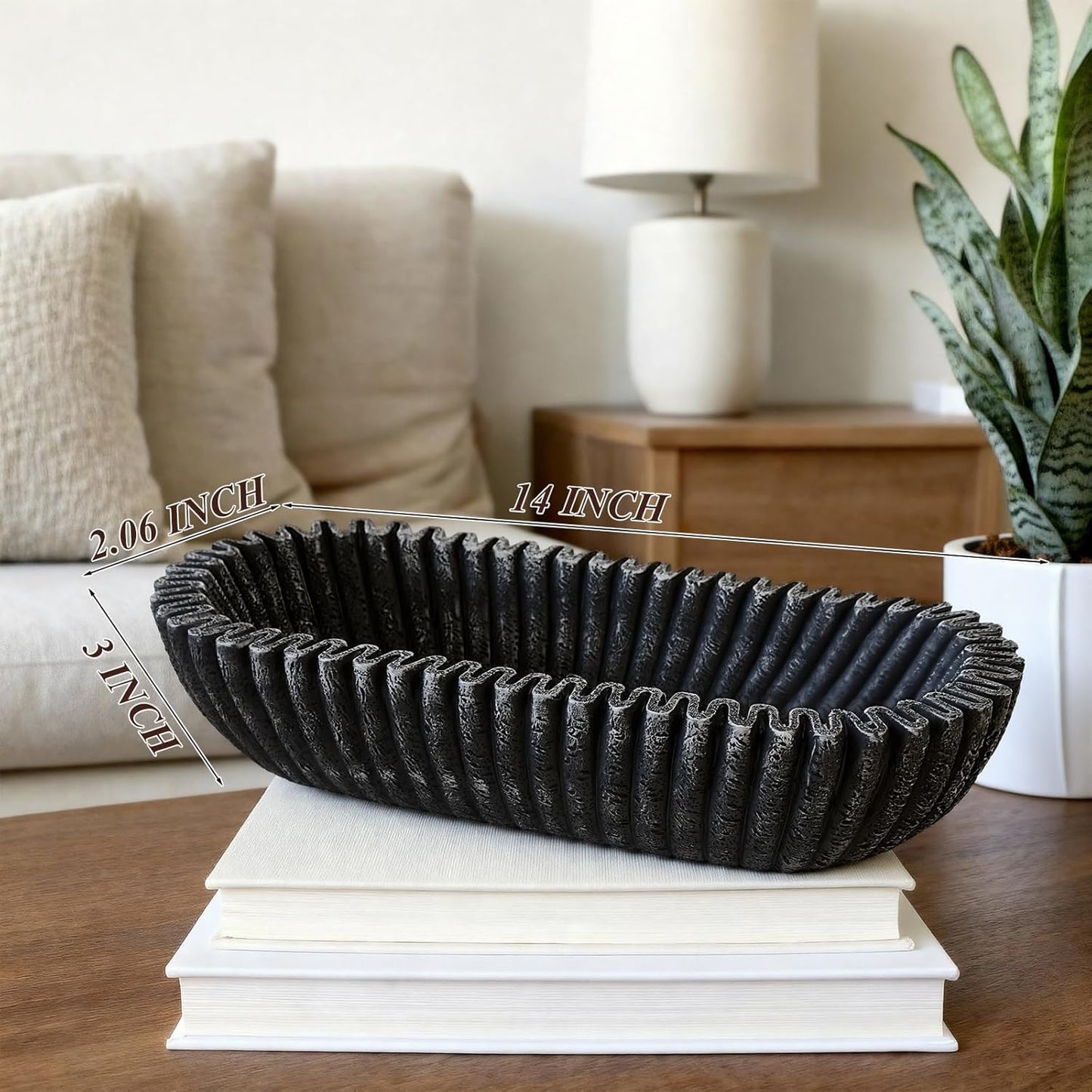Large Decorative Bowl for Home Decor Long Dough Key Bowls Coffee Table Decor Centerpiece White Ruffle Scalloped Resin Modern Handicraft Bowl for Kitchen Counter Farmhouse Entryway