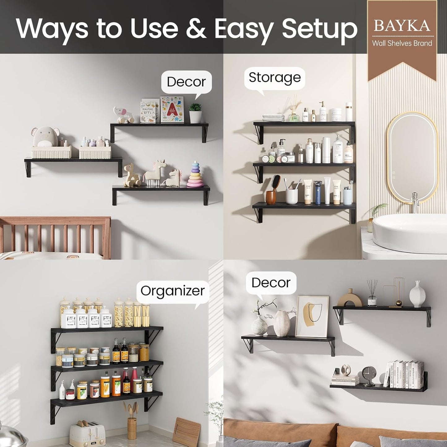 BAYKA Wall Mounted Floating Shelves, Wood Floating Wall Shelf for Books & Decor, Small Space-Saving Display & Organizer（Black，Set of 3）