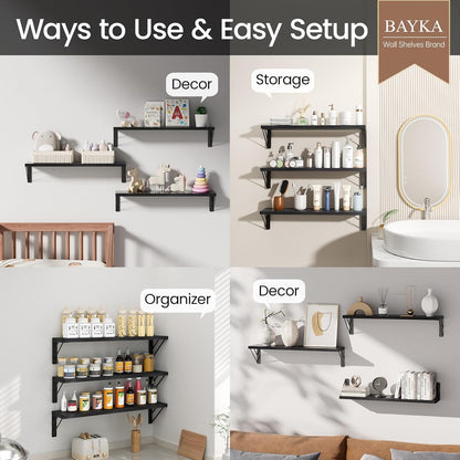 BAYKA Wall Mounted Floating Shelves, Wood Floating Wall Shelf for Books & Decor, Small Space-Saving Display & Organizer（Black，Set of 3）