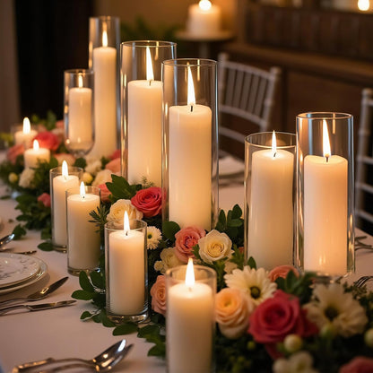36 PCS Ivory White Pillar Candles with Glass Candle Holders Clear Hurricane Candle Holders Glass Cylinder Vases for Centerpieces Wedding Party, Event, Home Office (18 Candles+18 Candle Hoders)