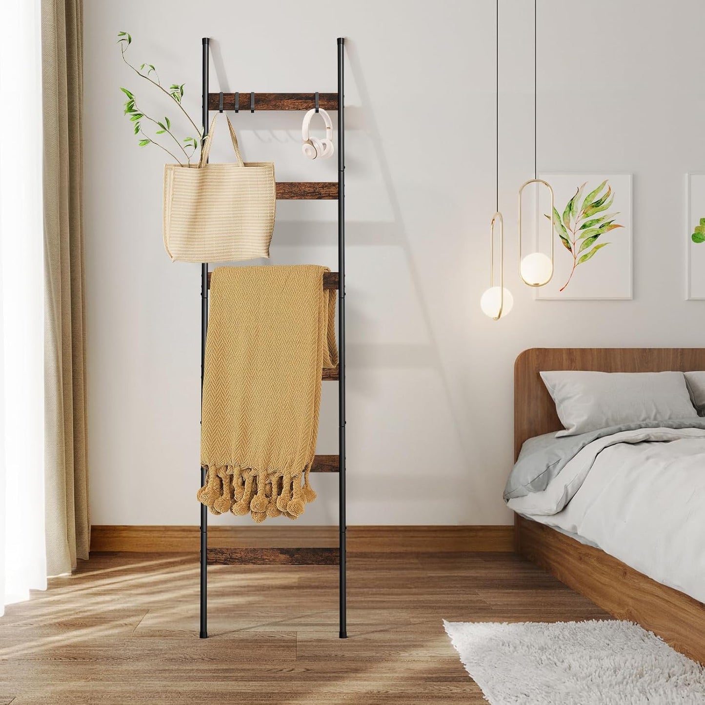 ELYKEN Blanket Ladder for Living Room, Farmhouse 5-Tier Quilt Holder with 4 Removable Hooks for Bathroom, Wood Towel Rack Display, Wall Anchor Leaning Decorative Stand for Home, Rustic Brown