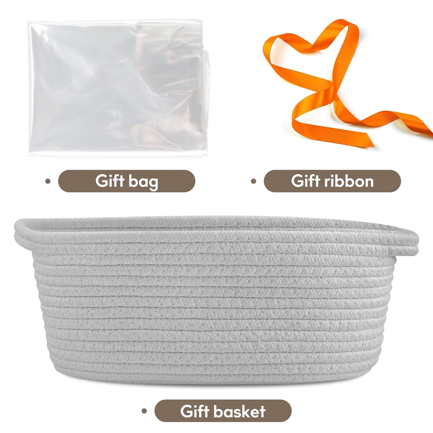 Pro Goleem Small Woven Basket with Gift Bags and Ribbons Durable Baskets for Mothers Day Gifts Empty Small Rope Basket for Storage 12"X 8" X 5" Baby Toy Baskets with Handles, White