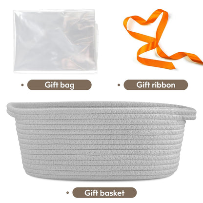 Pro Goleem Small Woven Basket with Gift Bags and Ribbons Durable Baskets for Mothers Day Gifts Empty Small Rope Basket for Storage 12"X 8" X 5" Baby Toy Baskets with Handles, White