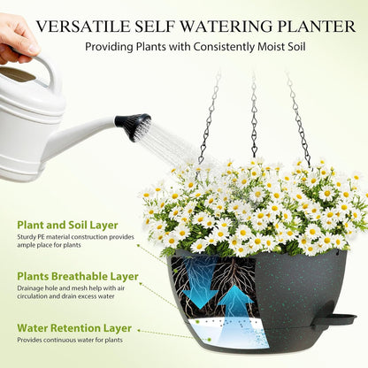 12 Inch Hanging Baskets 2 PC with Chains, Self-Watering Hanging Planters for Indoor Outdoor Plants, Plastic Hanging Flower Pots,Black