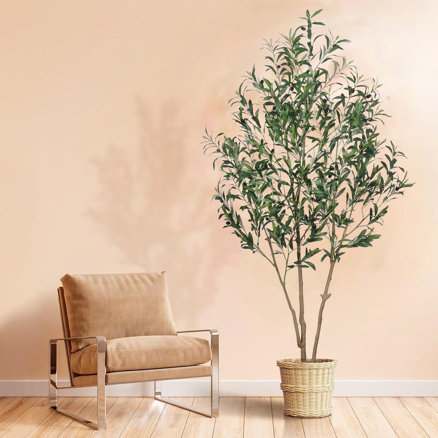 Artificial Olive Tree with White Pot,6FT high, Fake Tree containing 1440 Dense Leaves and 80 Highly Simulated Olive Fruits, Suitable for Home Office Living Room Floor Decoration