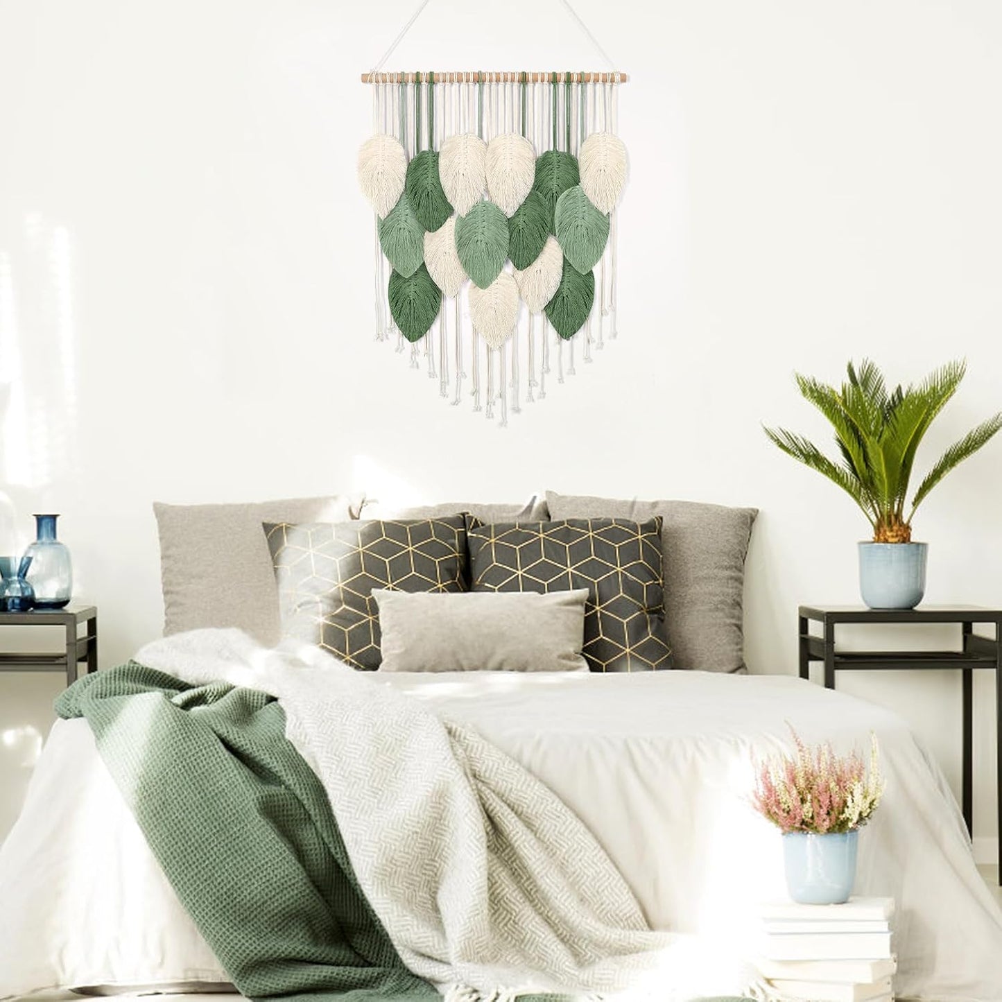Weldomcor Large Macrame Wall Hanging Boho Home Decor, Handmade Bohemian Woven Leaves Macrame Tapestry Modern Aesthetic Chic Wall Art Decorations for Bedroom Living Room Nursery Office 39" W x 29.5" L