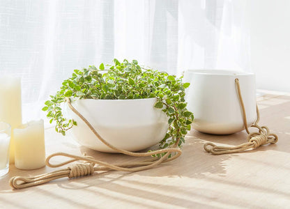 Mkono Ceramic Hanging Planter of Shallow 8 Inch and Deep 6 Inch for Indoor Outdoor Plants, Set of 2 Modern Plant Pot Geometric Porcelain Hanging Basket with Polyester Rope Hanger