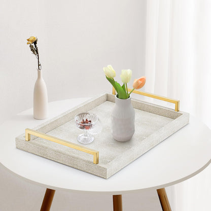 XIGEXIGE Ivory Shagreen Decorative Tray Large Rectangle Coffee Table Tray for Ottoman Faux Leather Serving Tray with Brushed Gold Handles