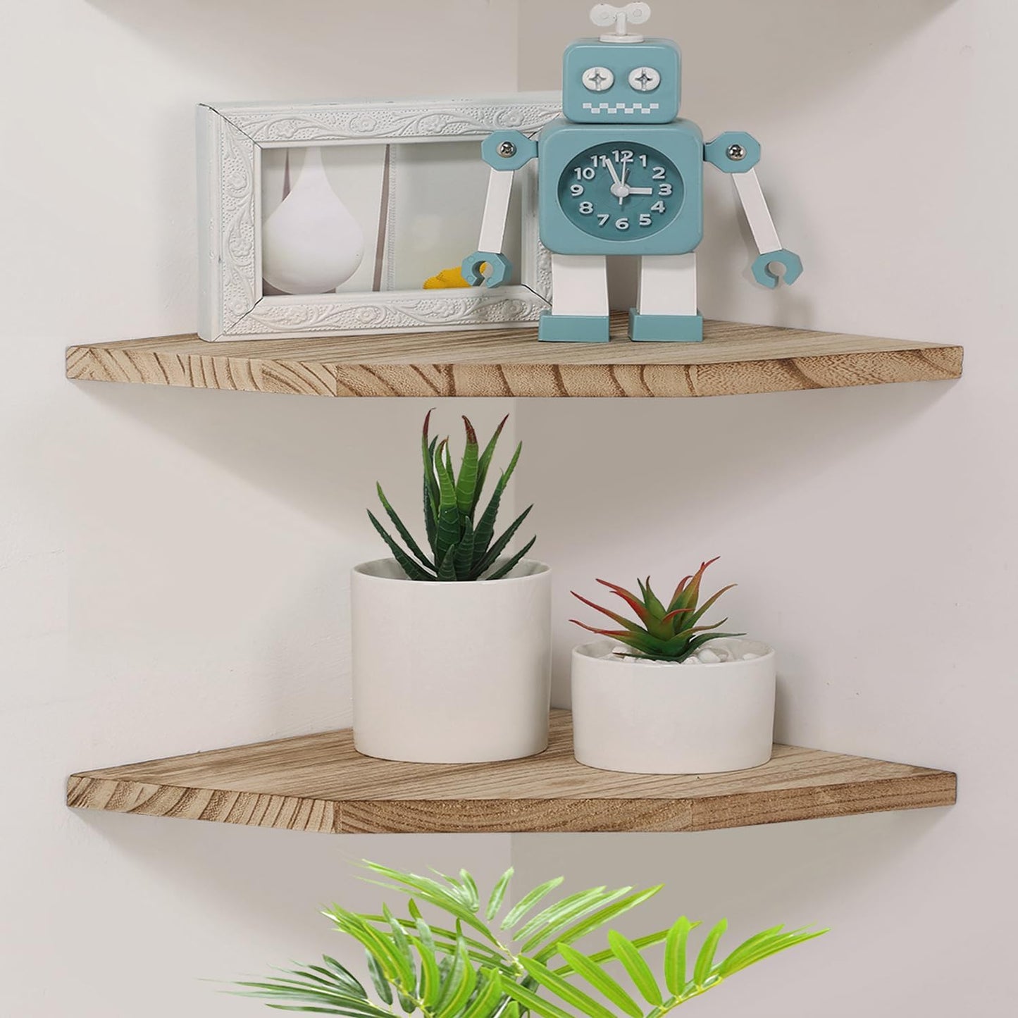 Joiishom Wood Corner Wall Shelves Set of 2, Solid Wood Corner Floating Shelves for Wall, Round End Wall Mounted Floating Corner Shelf for Bedroom, Living Room and Kitchen. (Brown-10 inch)