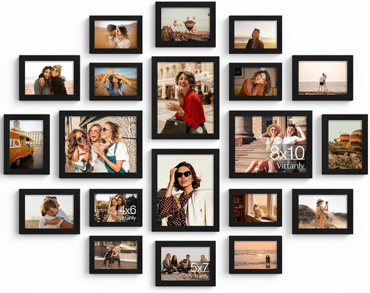 Vittanly 20 Pack Picture Frames Collage Wall Decor, Multi Sizes Including 4pcs 8x10, 8pcs 5x7 and 8pcs 4x6 Photo Frames, Gallery Frame Set for Wall or Tabletop Display, Black, Brown and Dark Grey
