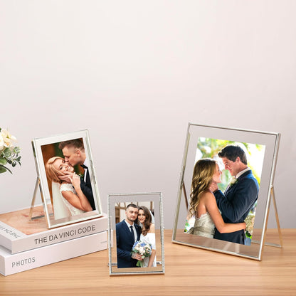 Gold 6x8'' Floating Photo Frame 2 Pack, Beaded Metal Frame Fits 3.5x5'', 4x6'' & 5x7'' Pictures, Adjustable Tabletop & Shelf Display, Elegant Wedding Gift for Home Decor