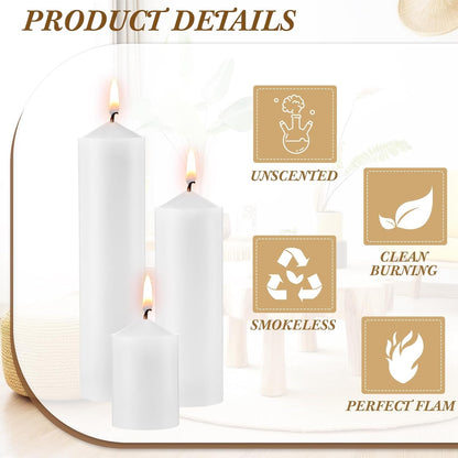 MTLEE 18 Pcs Set of 3 Pillar Candles Bulk 2 in x 3, 6, 8 Long Burning Clean Unscented Smokeless Pillar Candles for Wedding Emergency Lanterns Ceremony Party (Ivory White)