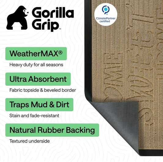 GORILLA GRIP 100% Waterproof All-Season WeatherMAX Doormat US Designed Natural Rubber, Stain Fade Resistant, Low Profile Indoor Outdoor Front Door Mats Outside Entrance, Easy Clean 29x17 Gray Diamond - Colors A