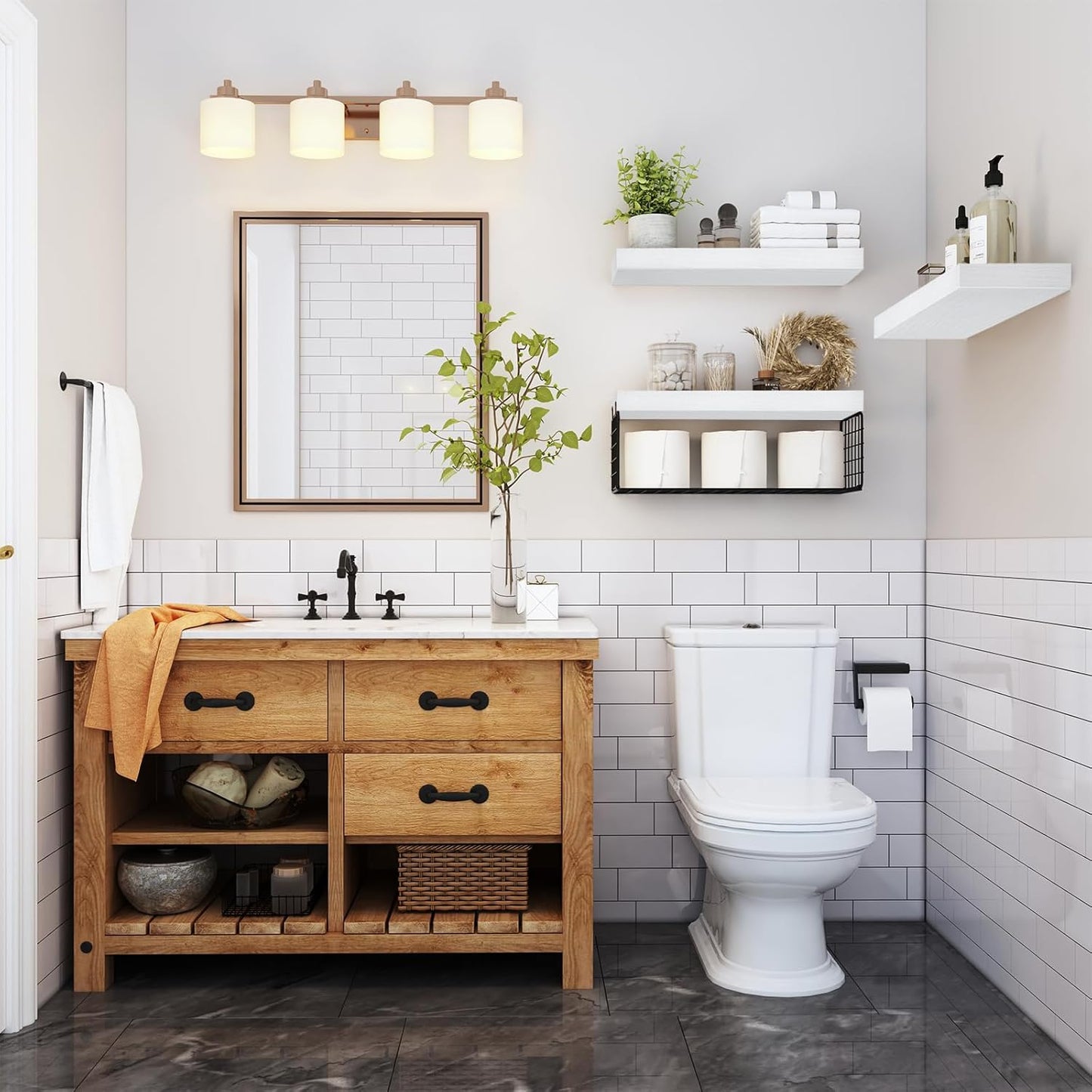 QEEIG Bathroom Shelves Over Toilet - Wall Mounted Floating Shelves Toilet Paper Storage Small Farmhouse Decor Shelf 16 inch Set of 3, Rustic Brown (019-BN3)