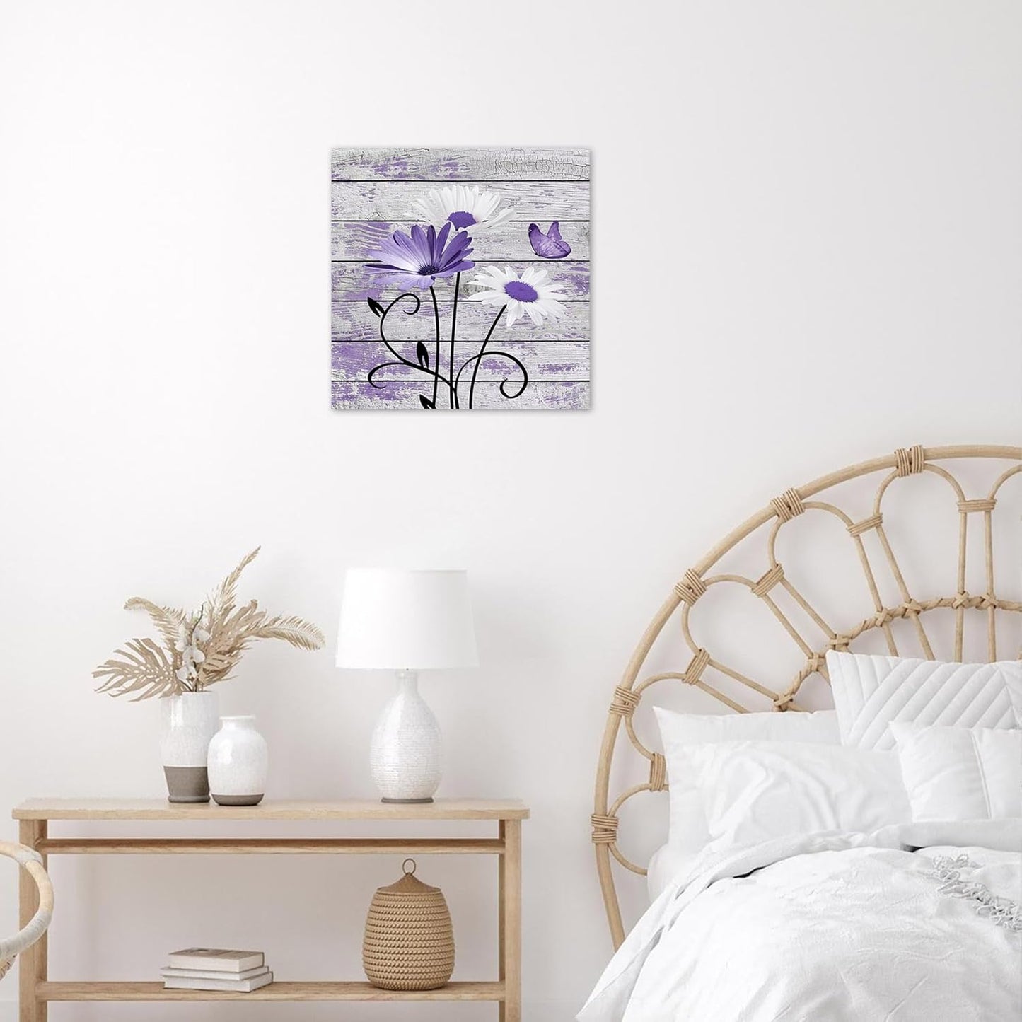 HVEST Farmhouse Floral Wall Art for Living Room, Blue and White Daisy Flower and Butterfly on Rustic Wood Board Canvas Wall Art Framed Artwork Ready to Hang for Bathroom Bedroom Decor, 16L X 12W