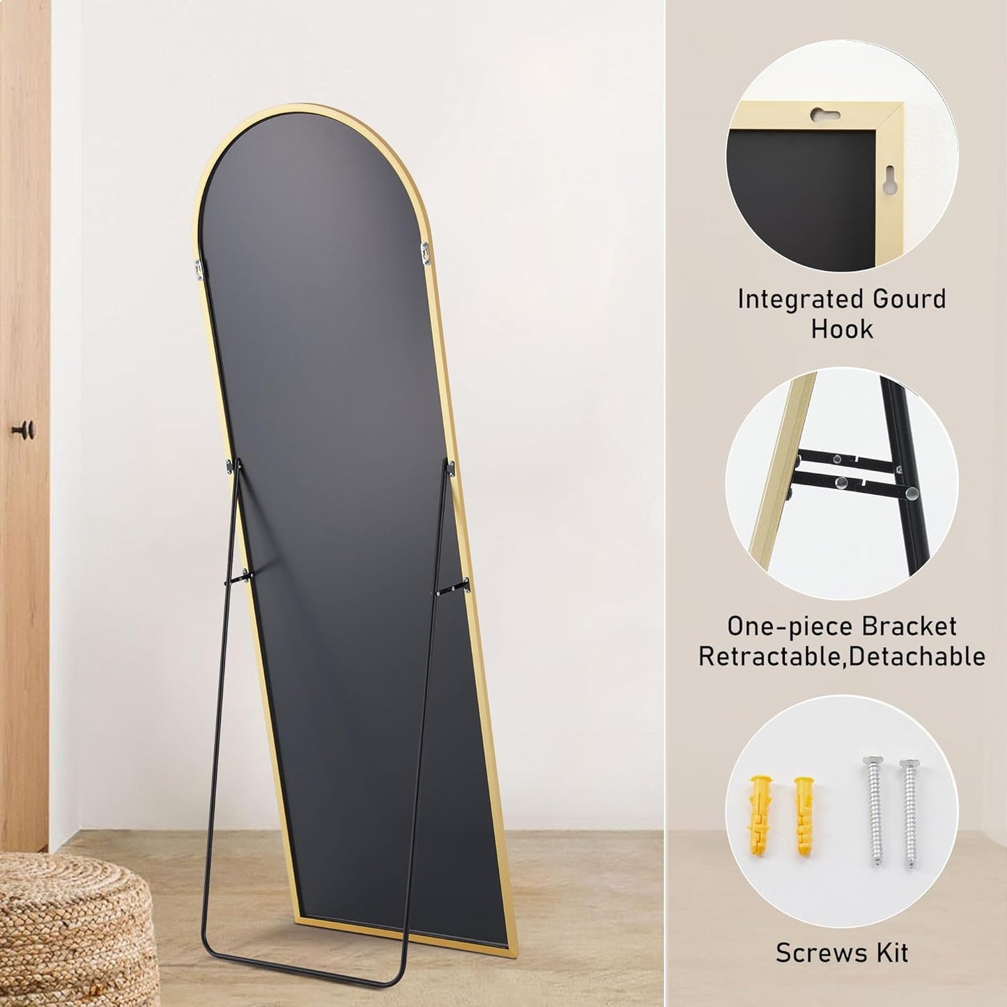 OLIXIS Black Arched Full Length Mirror 60"x16" for Bedroom, Full Body Mirror with Stand, Hanging or Leaning for Wall, Aluminum Alloy Thin Frame Floor Standing for Living Room