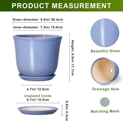 Ceramic Plant Pots - 12 Inch Pots for Plants Indoor Outdoor, Large Round Planter with Drainage Hole and Saucer, Modern Decorative Flower Pot, Home Garden Decor, House Warming Gifts, Blue