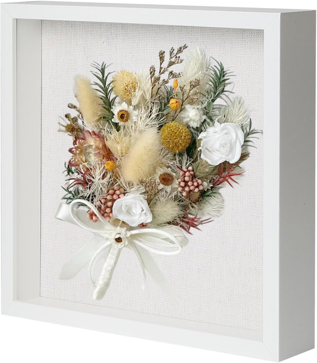 Muzilife 8x8 Shadow Box Picture Frame with Linen Board - Deep Wood & Glass Display Case Ready to Hang Memory Box Baby Sports Memorabilia, Pins, Awards, Medals, Wedding, Tickets and Photos (Black)