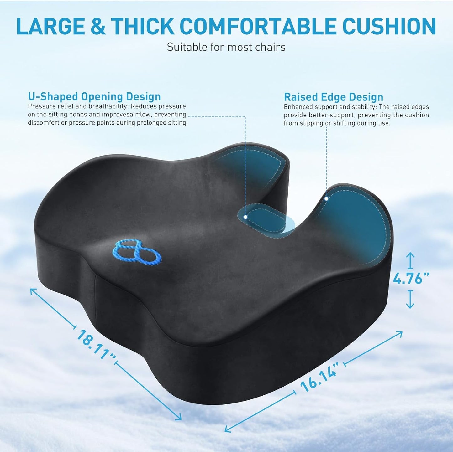 BlissTrends Seat Cushion with Velvet Cover, Thick Memory Foam Cushions for Office Chair, Car Seat, Airplane, Relieving Pressure Tailbone Sciatica Back Pain for Long Sitting, Car Drivers 4.7in Black