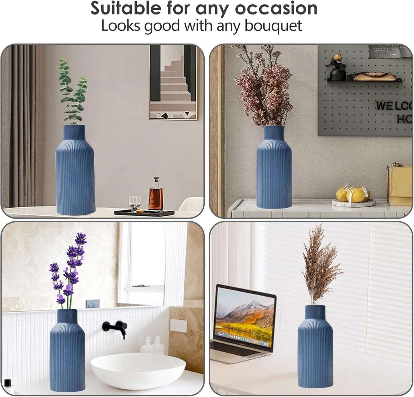 Bohemian White Ceramic Vase - for Pampas Grass, Mantel, Bookshelf, Entryway and Living Room Decor (White, 7in)