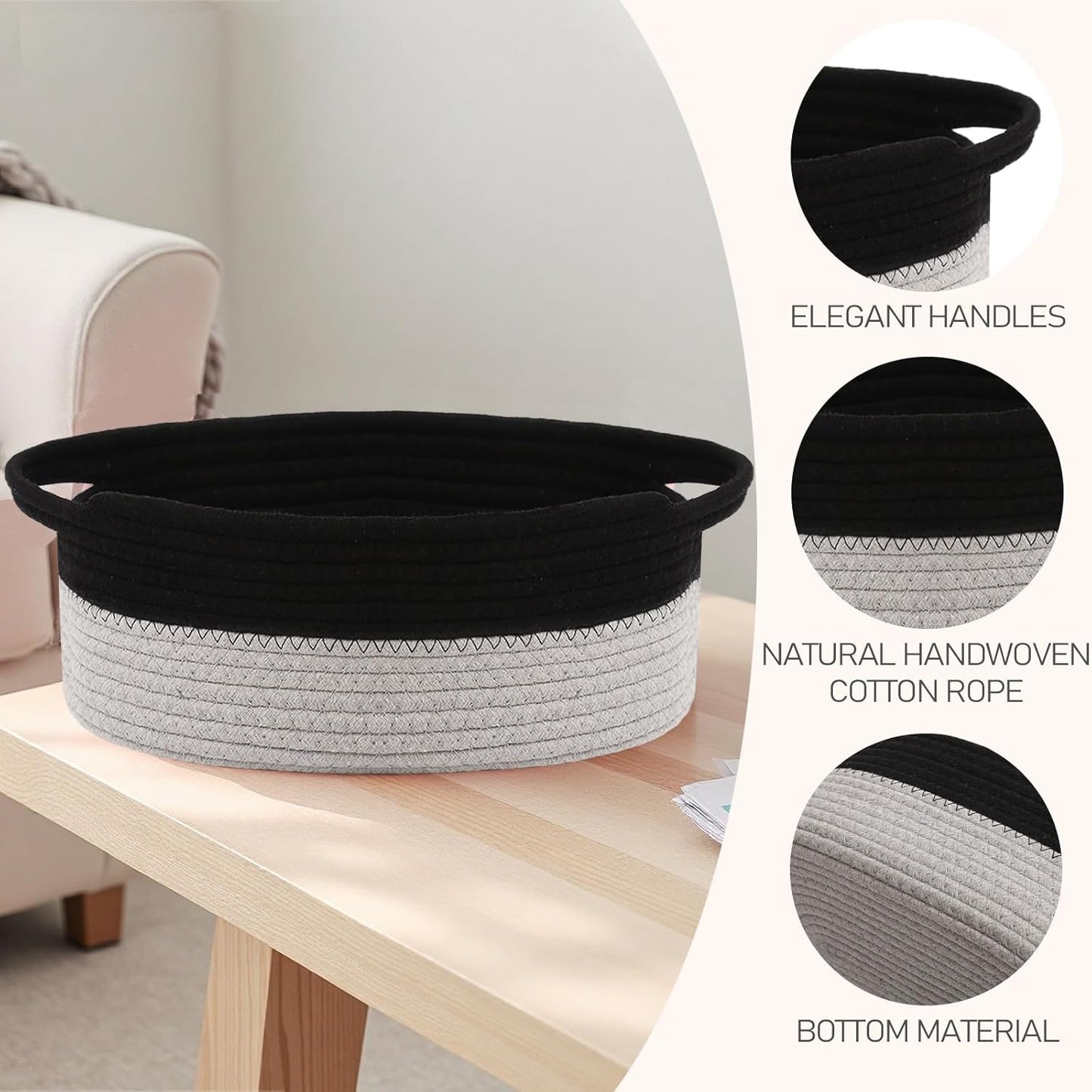 JMvicyroam Woven Basket,Small Rope Storage Bin with Handles & Ribbon Bag, Organizer for Shelves Closets,Gift Basket Empty for Birthday,Books,Dog Toys,White