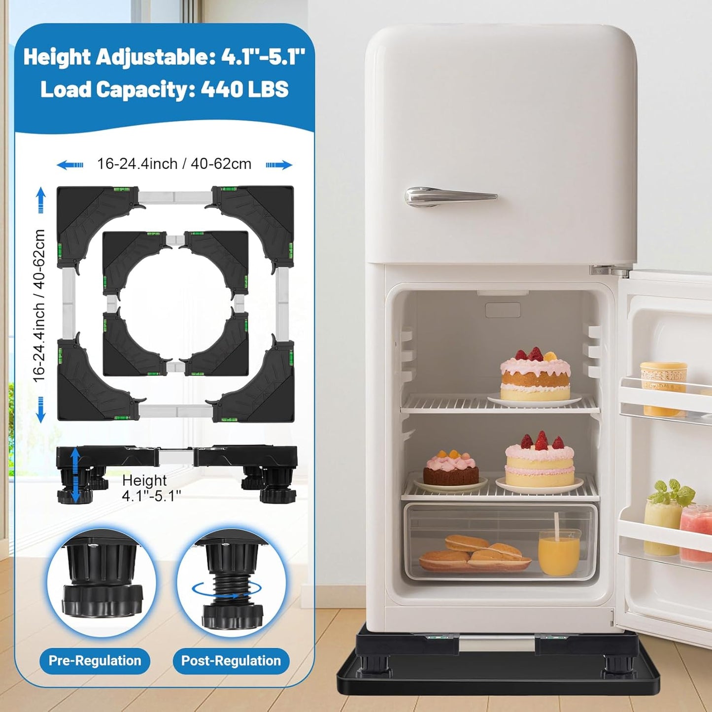 Nefish Mini Fridge Stand Universal Raised Base Adjustable Refrigerator Stands with 4 Strong Feet Washing Machine Pedestal Multi-Functional Bases for Dryer (Black)