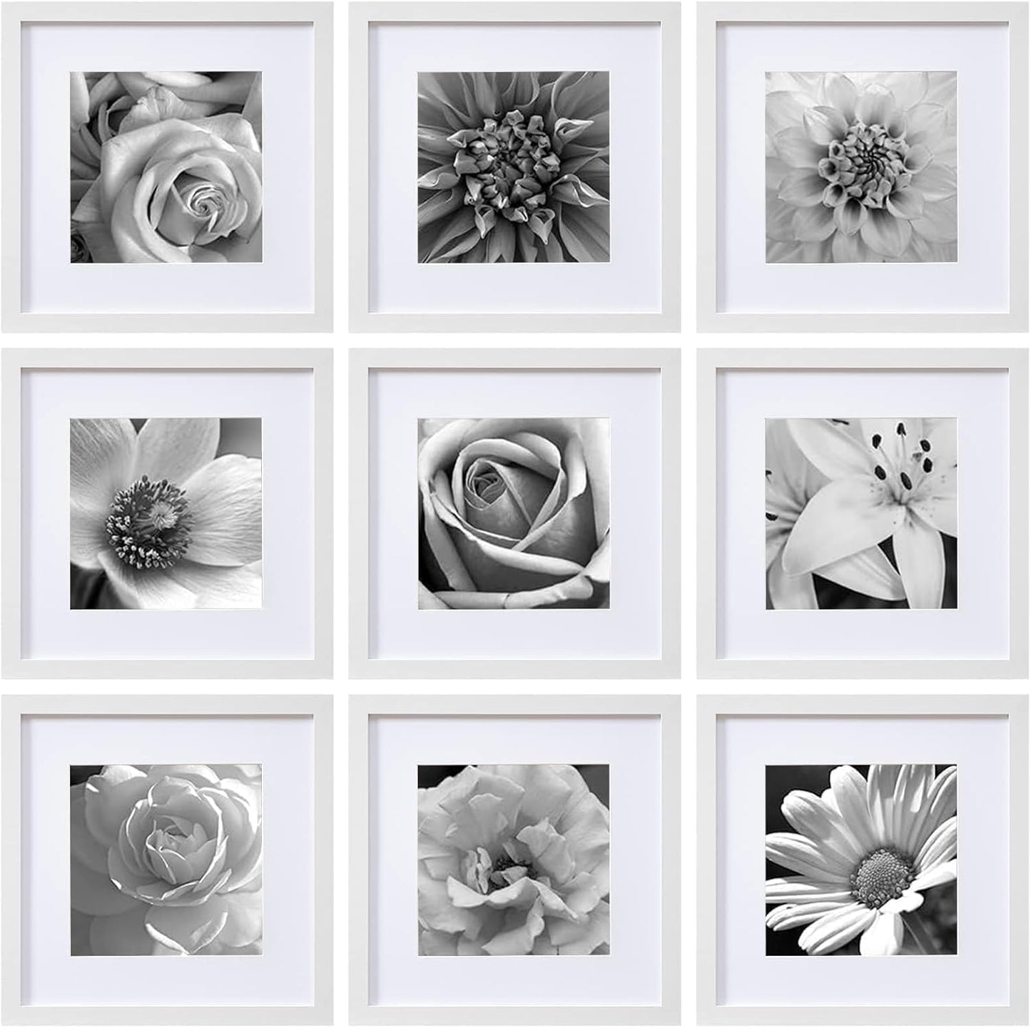 eletecpro 12x12 Picture Frames Set of 9 with Clear Acrylic Cover, Display 8x8 Photos with Mat or 12x12 Without, Classic and Sturdy Square Collage Gallery Wall Decor, Easy Wall Mount, Black