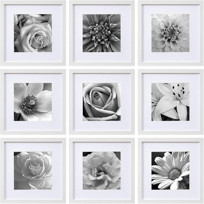eletecpro 12x12 Picture Frames Set of 9 with Clear Acrylic Cover, Display 8x8 Photos with Mat or 12x12 Without, Classic and Sturdy Square Collage Gallery Wall Decor, Easy Wall Mount, Black