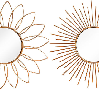 3 Pack Metal Mirrors for Wall Sunburst Wall Mirrors Home Décor Decorative Hanging Wall Art for Living Room Bedroom Entryway (Gold, Flower+Sunburst)
