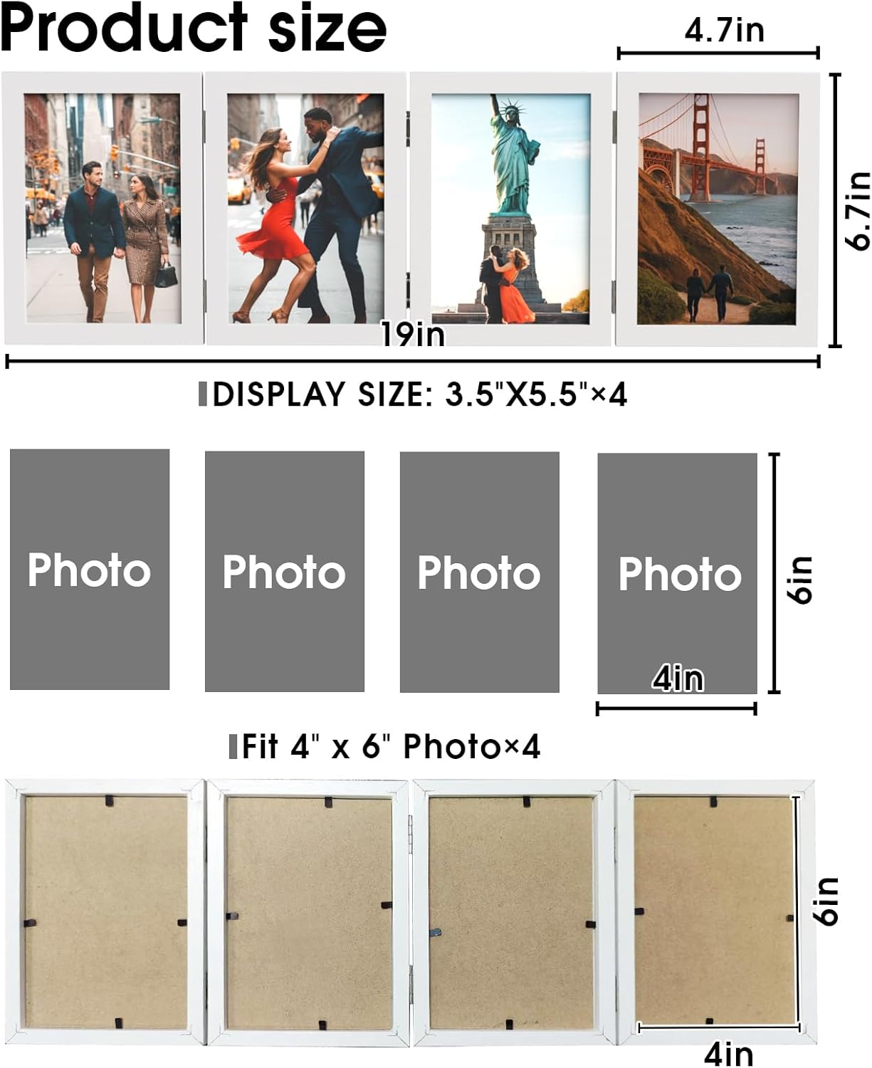 WARM&LOVE 6 Picture Frame, 4x6 & 4x4 Six Folding Hinged Photo Frames, Rustic Wood Desk Family Photo Collage Stand Vertical on Tabletop for Birthday Family Lover Gift (Black)