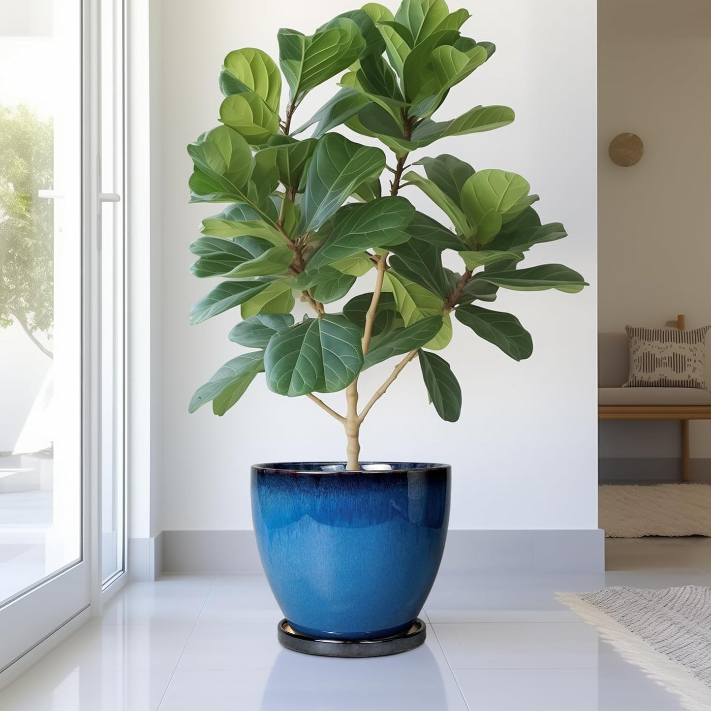 10 Inch Ceramic Planter Pot Round Plant Pot for Indoor Plants Outdoor Large Flower Pot with Drainage Hole and Saucer Blue
