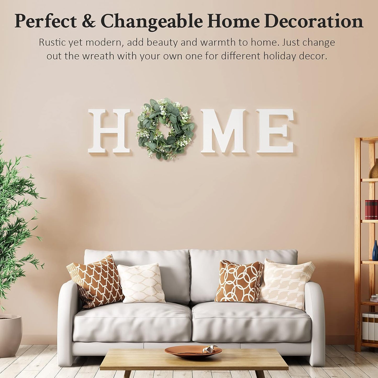 MAYICIVO Modern Wooden Home Sign with Artificial Eucalyptus Wreath, White and Beige, 13.81 inches Diameter, Wall Mount, MDF Wood, Plastic
