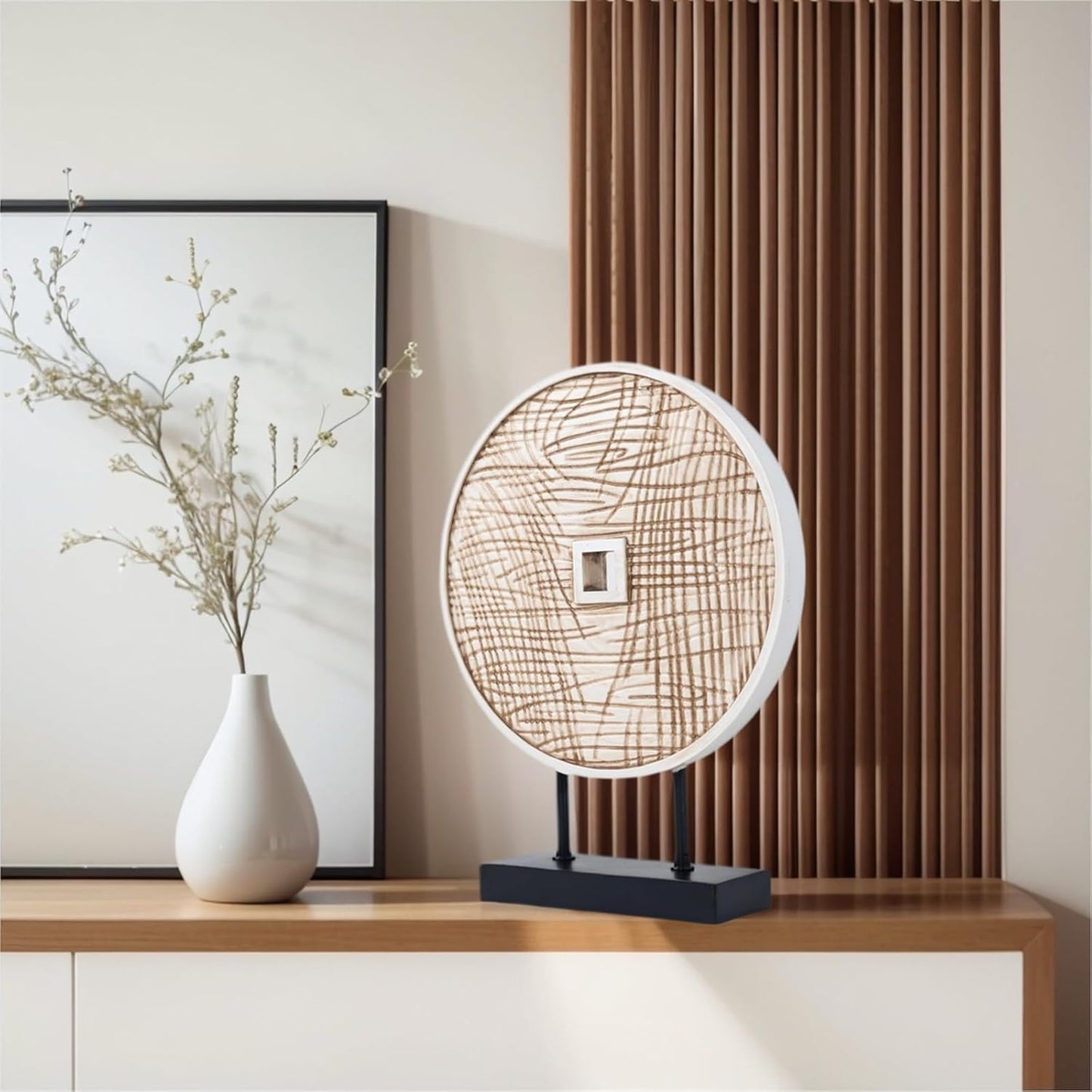 Unique Round Coin Sculpture Decorative Objects for Shelf Home Decor Accents, Modern Abstract Tabletop Decor Items for Living Room Fireplace Mantel, Above Cabinet (Black)