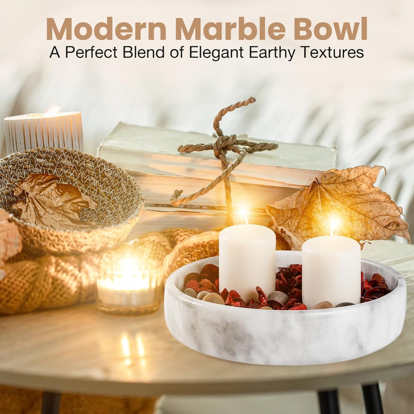 FNTSTICGOODS Travertine Decorative Bowl - 7.8” Diameter & 2” Height - Key Bowl for Entryway Table - Organic Modern Centerpiece - White/Gray