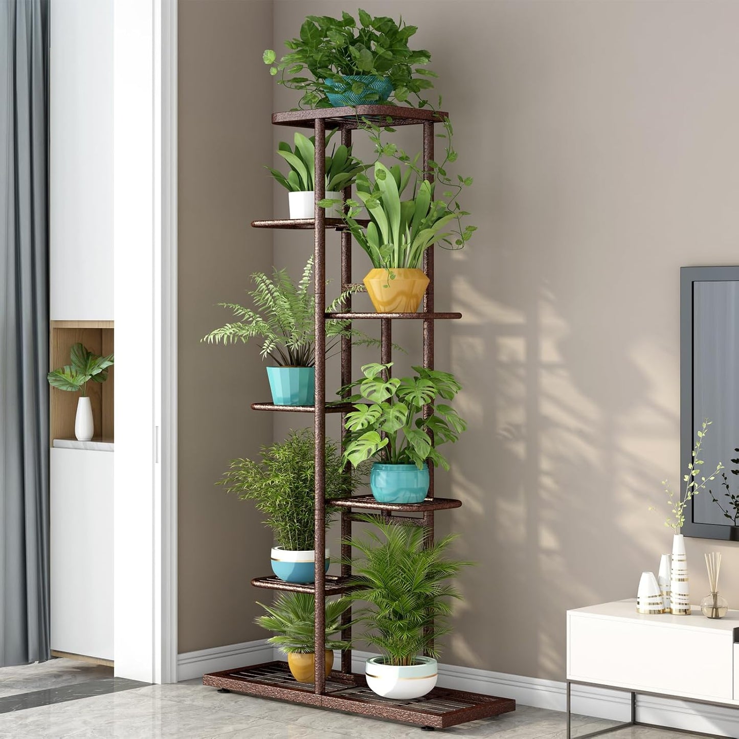 LINZINAR Plant Stand Indoor Outdoor Corner 4 Tier Metal Plant Shelf Patio Plant Rack for Garden Corner Balcony Living Room