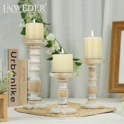 Wood Pillar Candle Holder: 3Pcs Rustic White Candle Holders for Pillar Candles Wood Candle Holders Distressed Wooden Farmhouse Candle Holder Large Rustic Candle Holder for Fireplace Table