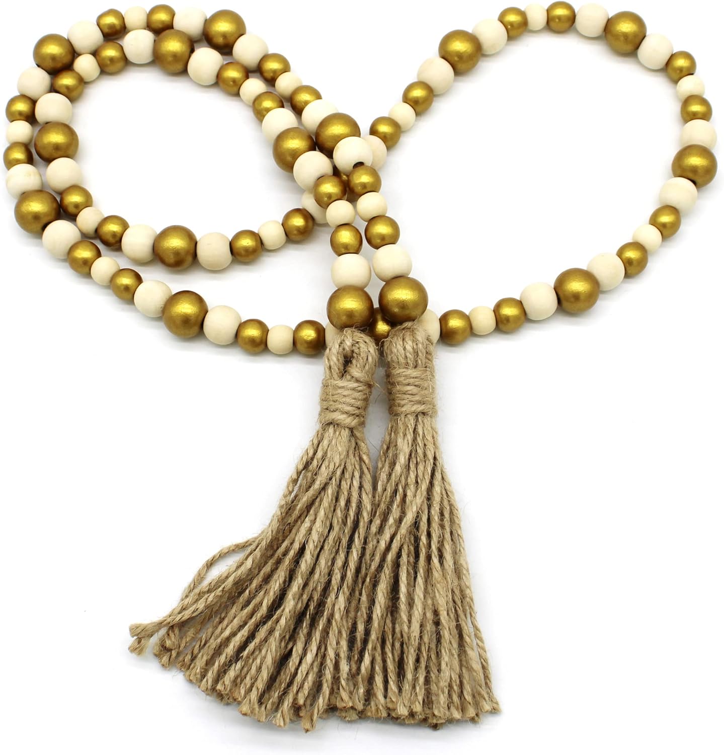 CVHOMEDECO. Wood Beads Garland with Tassels Farmhouse Rustic Wooden Prayer Bead String Wall Hanging Accent for Home Festival Decor. Mix Distressed